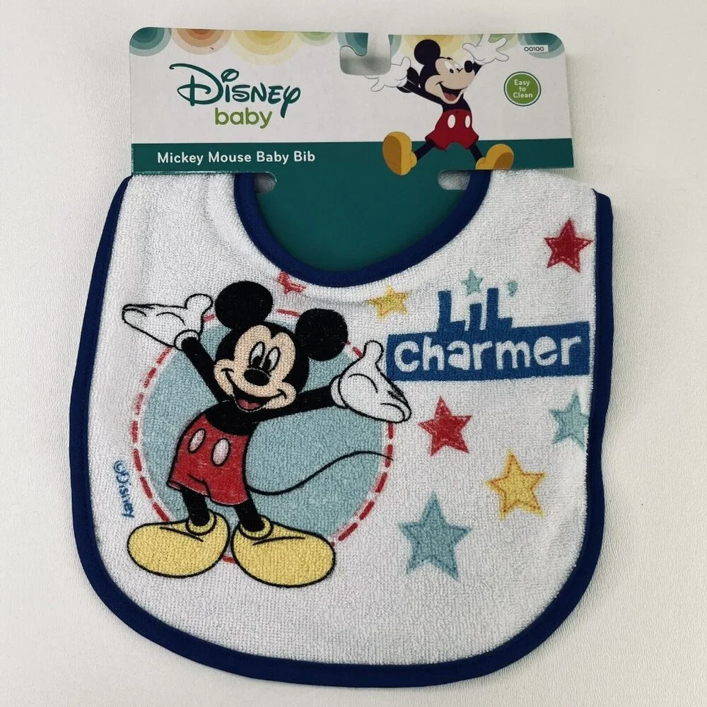 Disney Mickey Mouse Baby Bib Set Lot 3 Boy Blue and White New Cotton Washable